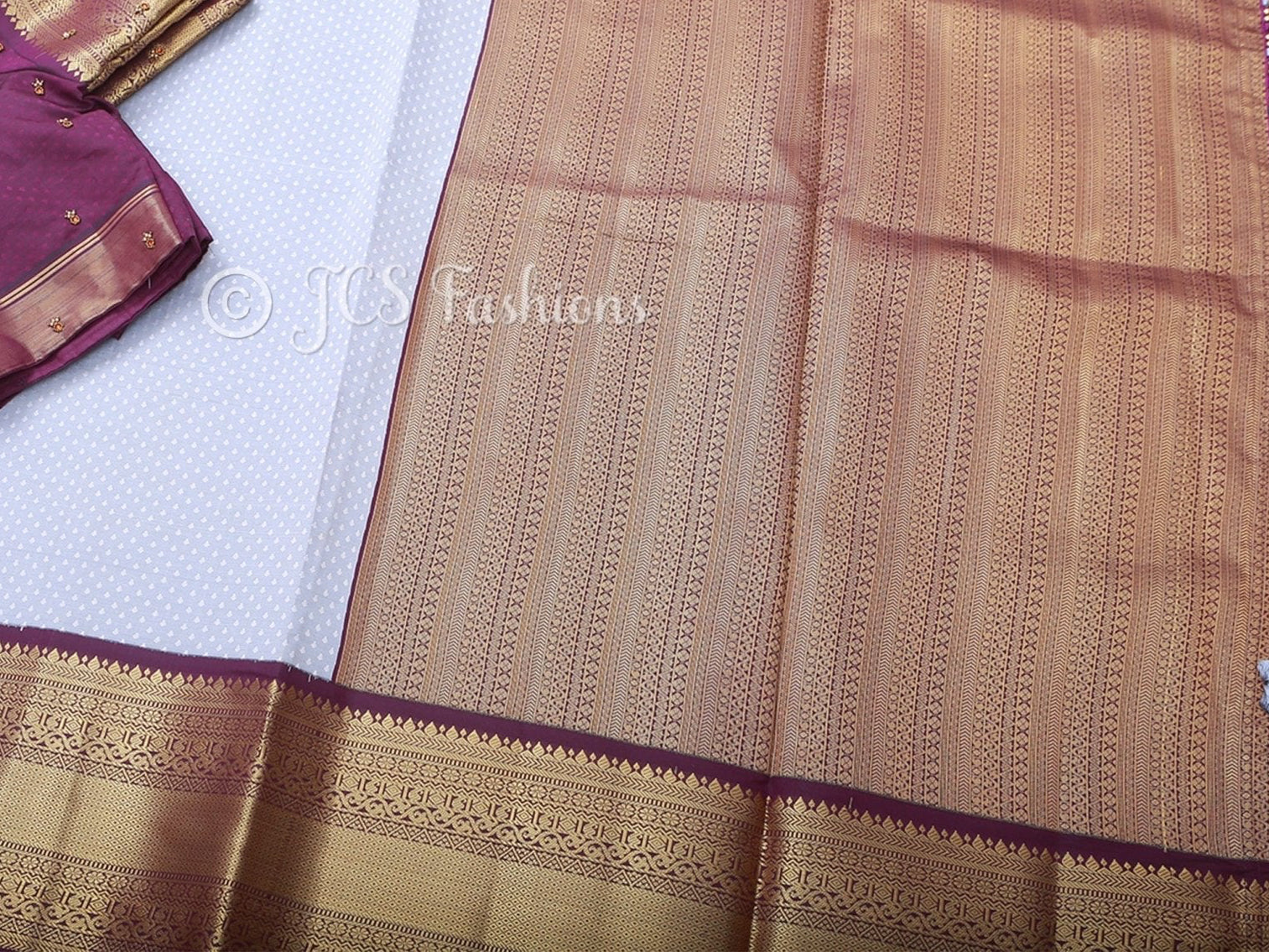 Semi-Silk Saree with Korvai pattern and Maggam Work Blouse SAREE JCS Fashions Grey 5.5 meters