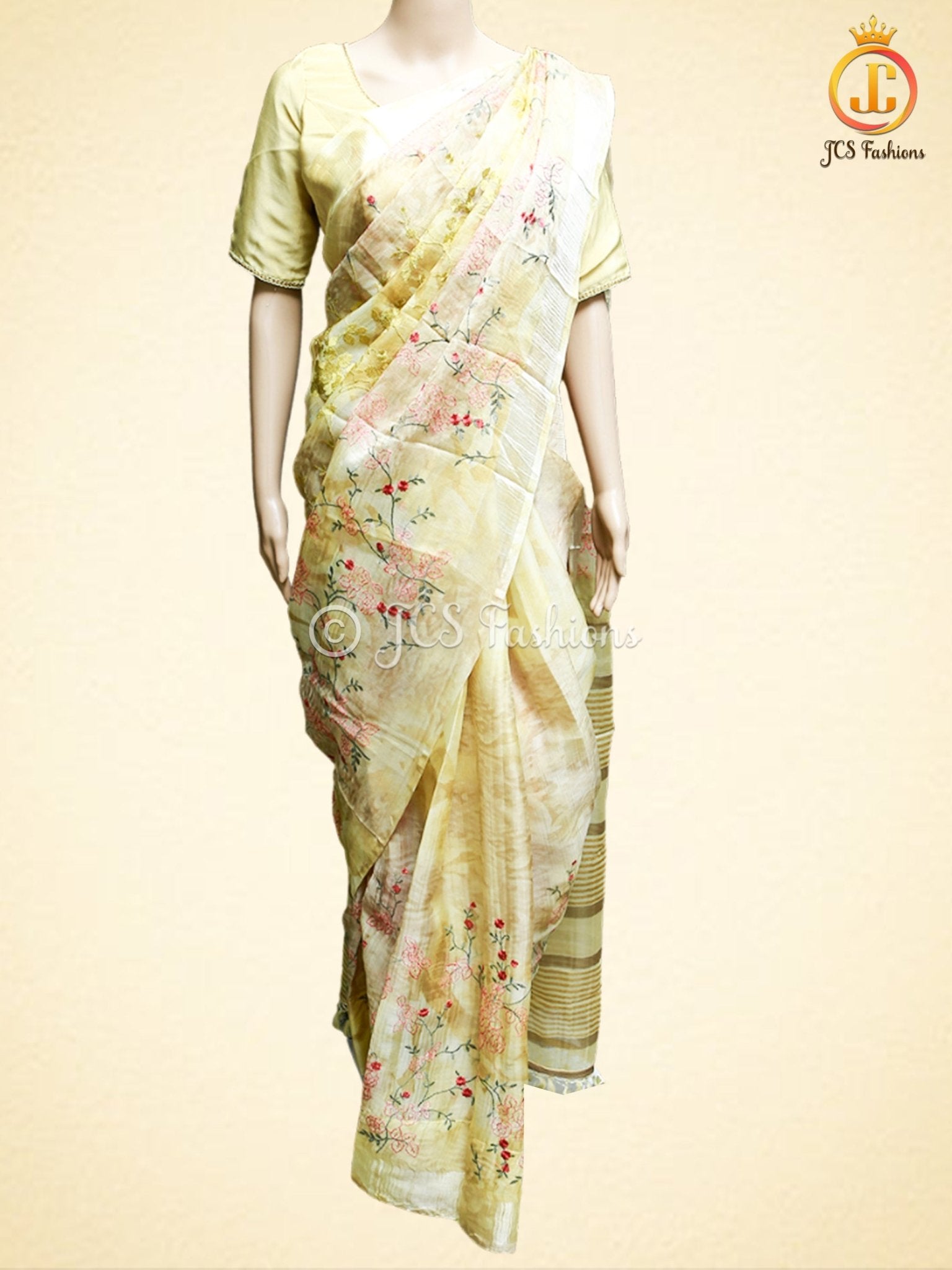 Soft Organza Saree With embroidery and zari work, Fully stitched blouse SAREE JCS Fashions yellow 5.5 meters