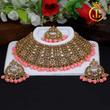 Stunning Pink Color Kundan Polki Choker Necklace Set Jewelry JCS Fashions Pink 7 * 2.5"
