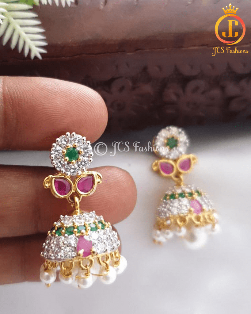 Stylish AD Earrings with Push Back | Perfect for formal occasions Jewelry JCS Fashions Green & Pink &White 1"
