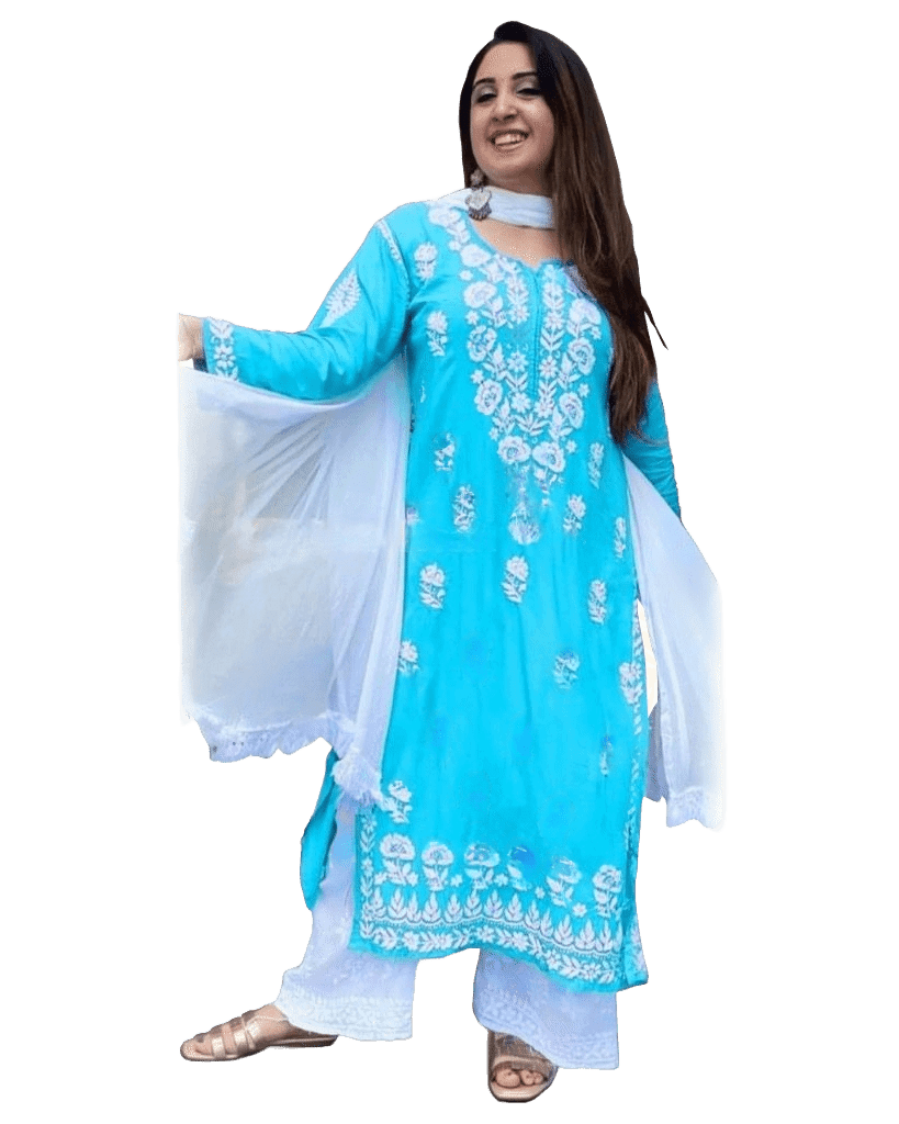 Three piece palazzo suit Indian wear|Beautiful embroidery work on yoke Kurti JCS Fashions Blue Medium (38)
