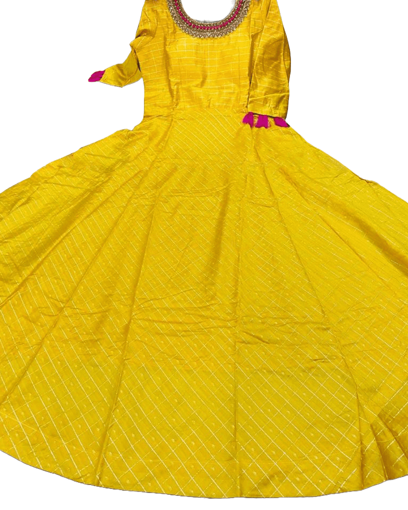 Traditional Anarkali long gown with self zari weaving in Yellow - JCS Fashions