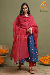 Women's Blue Bandhani Kurta With Mirror Detailing Sustainable JCS Fashions