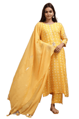 Yellow Bandhini Straight Kurti With Potli Pants and matching Stole Sustainable JCS Fashions Yellow Small (36)