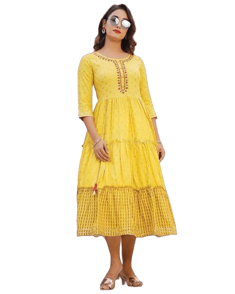Yellow Bollywood Style Indian Kurti Gown. Ships from USA - JCS Fashions