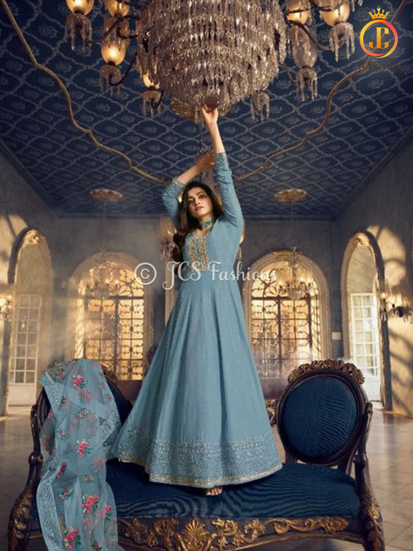 Stunning Dola Silk A-line Floor Length Gown in Bluish Grey